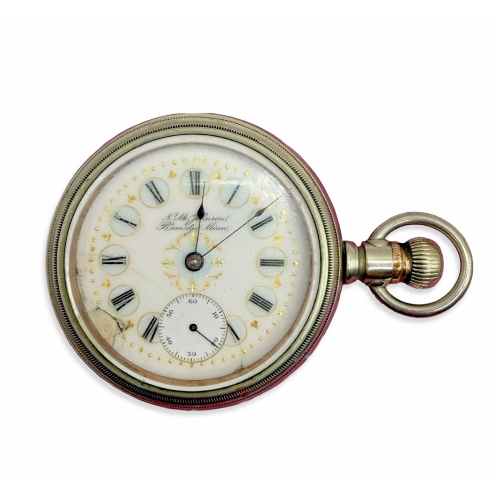 Antique NM Johnson Bemidji MN Pocket Watch Fancy Dial Thick Crystal Runs